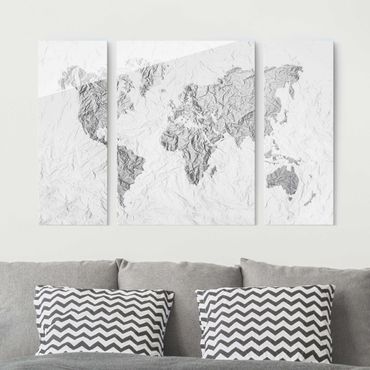 Glasschilderijen - 3-delig Paper World Map White Grey