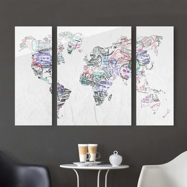 Glasschilderijen - 3-delig Passport Stamp World Map
