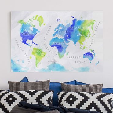 Canvas schilderijen World Map Watercolour Blue Green
