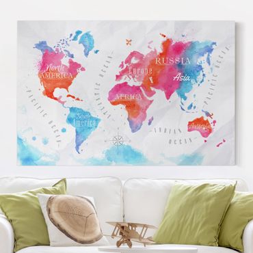 Canvas schilderijen World Map Watercolour Red Blue
