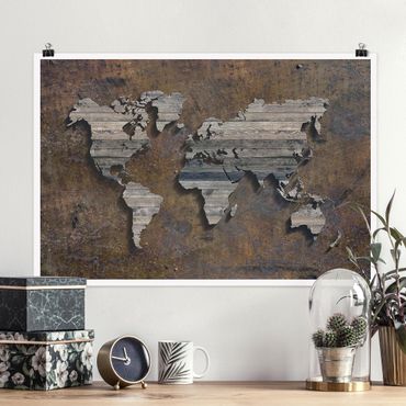 Posters Wooden Grid World Map