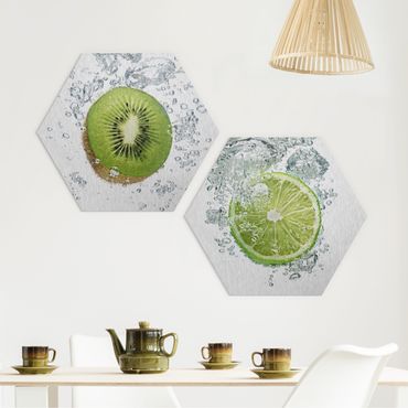 Hexagons Aluminium Dibond schilderijen - 2-delig Kiwi And Lime Bubbles