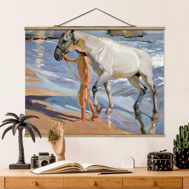 Stoffen schilderij met posterlijst Joaquin Sorolla - The Horse’S Bath