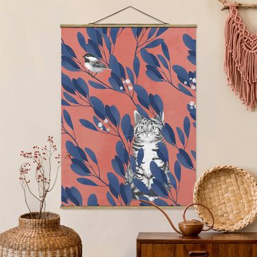 Stoffen schilderij met posterlijst Illustration Cat And Bird On Branch Blue Red