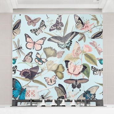 Spatscherm keuken Vintage Collage - Schmetterlinge und Libellen