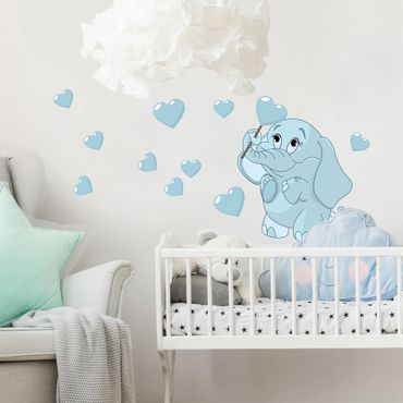 Muurstickers Baby Elephant With Blue Hearts