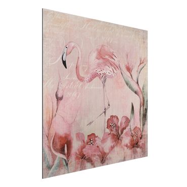 Aluminium Dibond schilderijen Shabby Chic Collage - Flamingo