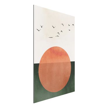 Aluminium Dibond schilderijen Flock Of Birds In Front Of Rising Sun
