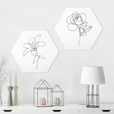 Hexagons Forex schilderijen - 2-delig Line Art Flowers Black White Set
