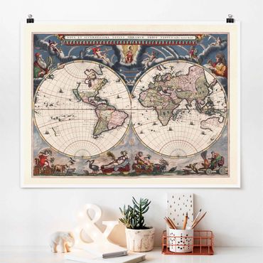 Posters Historic World Map Nova Et Accuratissima Of 1664