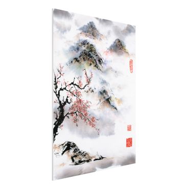 Forex schilderijen Japanese Watercolour Drawing Cherry Tree And Mountains