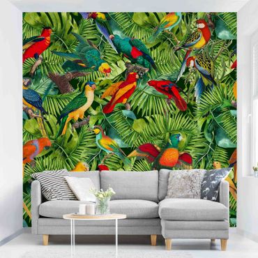 Fotobehang Colourful Collage - Parrots In The Jungle