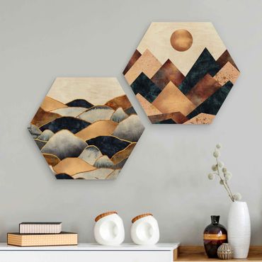 Hexagons houten schilderijen - 2-delig Geometric & Golden Mountains Watercolour