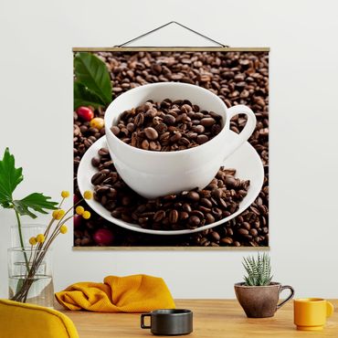 Stoffen schilderij met posterlijst Coffee Cup With Roasted Coffee Beans