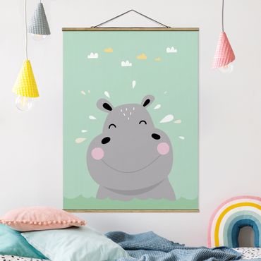 Stoffen schilderij met posterlijst The Happiest Hippo
