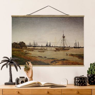 Stoffen schilderij met posterlijst Caspar David Friedrich - Harbor at Moonlight