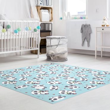 Vinyl tapijt Cute Panda With Paw Prints And Hearts Pastel Blue