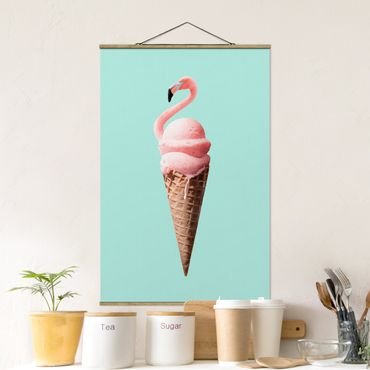 Stoffen schilderij met posterlijst Ice Cream Cone With Flamingo