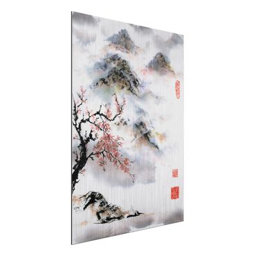 Aluminium Dibond schilderijen Japanese Watercolour Drawing Cherry Tree And Mountains