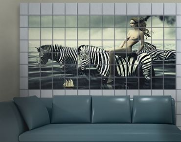 Tegelstickers Woman Posing With Zebras