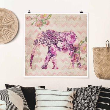 Posters Vintage Collage - Pink Flowers Elephant