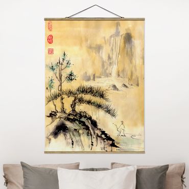 Stoffen schilderij met posterlijst Japanese Watercolour Drawing Cedars And Mountains