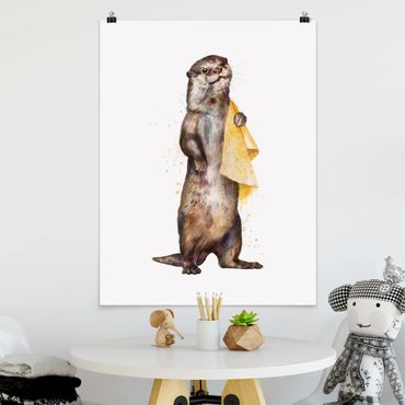 Posters Illustration Otter With Towel Painting White