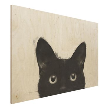 Houten schilderijen Illustration Black Cat On White Painting