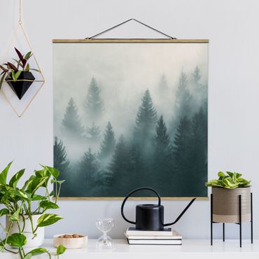 Stoffen schilderij met posterlijst Coniferous Forest In Fog