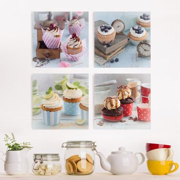 Canvas schilderijen - 4-delig Vintage Cupcakes with topping