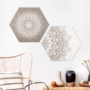Hexagons Forex schilderijen - 2-delig Mandala Illustration Shabby Set Beige White