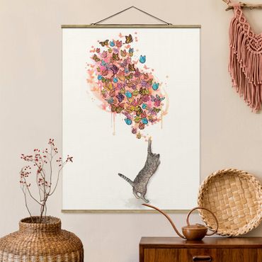 Stoffen schilderij met posterlijst Illustration Cat With Colourful Butterflies Painting