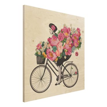 Houten schilderijen Illustration Woman On Bicycle Collage Colourful Flowers