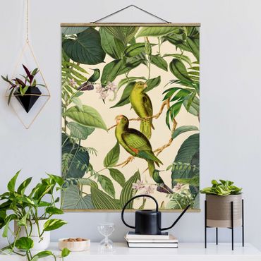 Stoffen schilderij met posterlijst Vintage Collage - Parrots In The Jungle