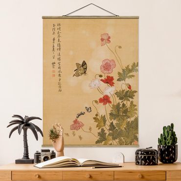 Stoffen schilderij met posterlijst Yuanyu Ma - Poppy Flower And Butterfly