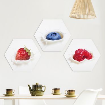 Hexagons Aluminium Dibond schilderijen - 3-delig Fruit Milk Splash