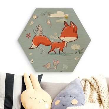 Hexagons houten schilderijen Fox And Mouse On The Move