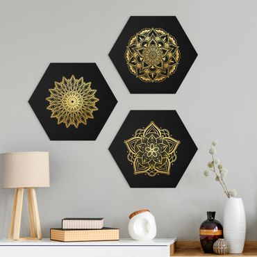 Hexagons Forex schilderijen - 3-delig Mandala Flower Sun Illustration Set Black Gold