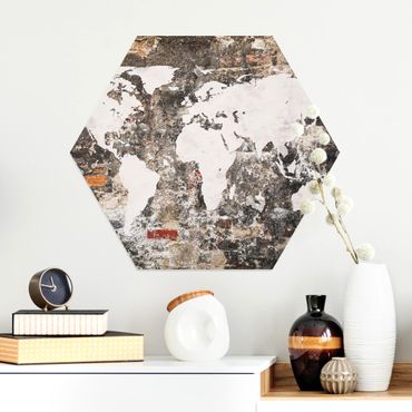 Hexagons Aluminium Dibond schilderijen Old Wall World Map
