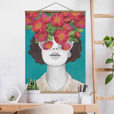 Stoffen schilderij met posterlijst Illustration Portrait Woman Collage With Flowers Glasses