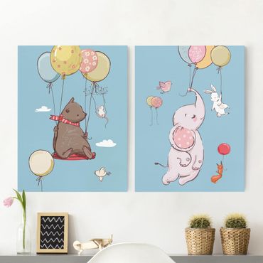 Canvas schilderijen - 2-delig  Cute Animals Fly On Balloon