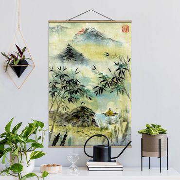 Stoffen schilderij met posterlijst Japanese Watercolour Drawing Bamboo Forest