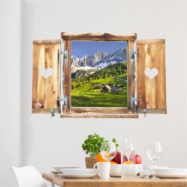 Muurstickers Window With Heart Styria Alpine Meadow