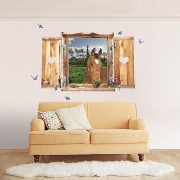 Muurstickers Window With Heart And Horse Mountains Meadow Path