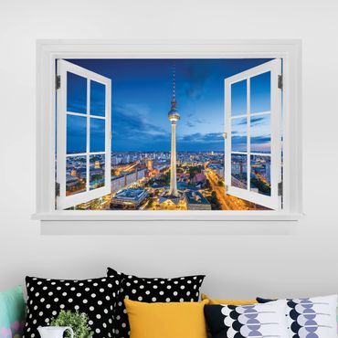 Muurstickers Open Window Berlin Skyline At Night With Television Tower