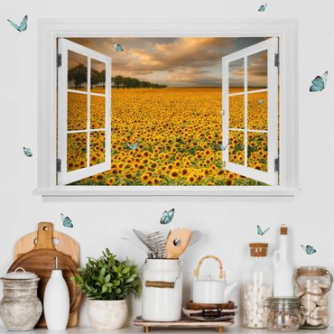 Muurstickers Open Window Field With Sunflowers
