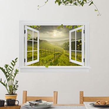Muurstickers Open Window Sun Rays Vineyard With Vines And Grapes