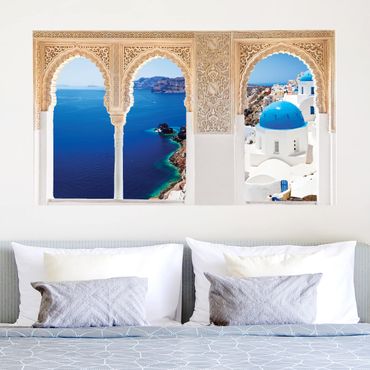 Muurstickers Decorated Window View Over Santorini