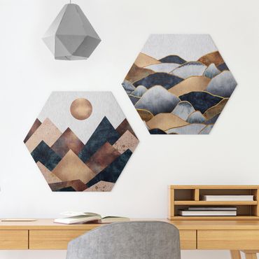 Hexagons Aluminium Dibond schilderijen - 2-delig Geometric & Golden Mountains Watercolour