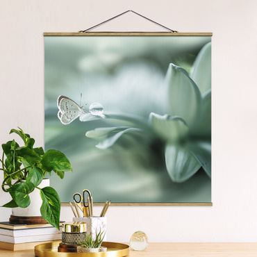 Stoffen schilderij met posterlijst Butterfly And Dew Drops In Pastel Green